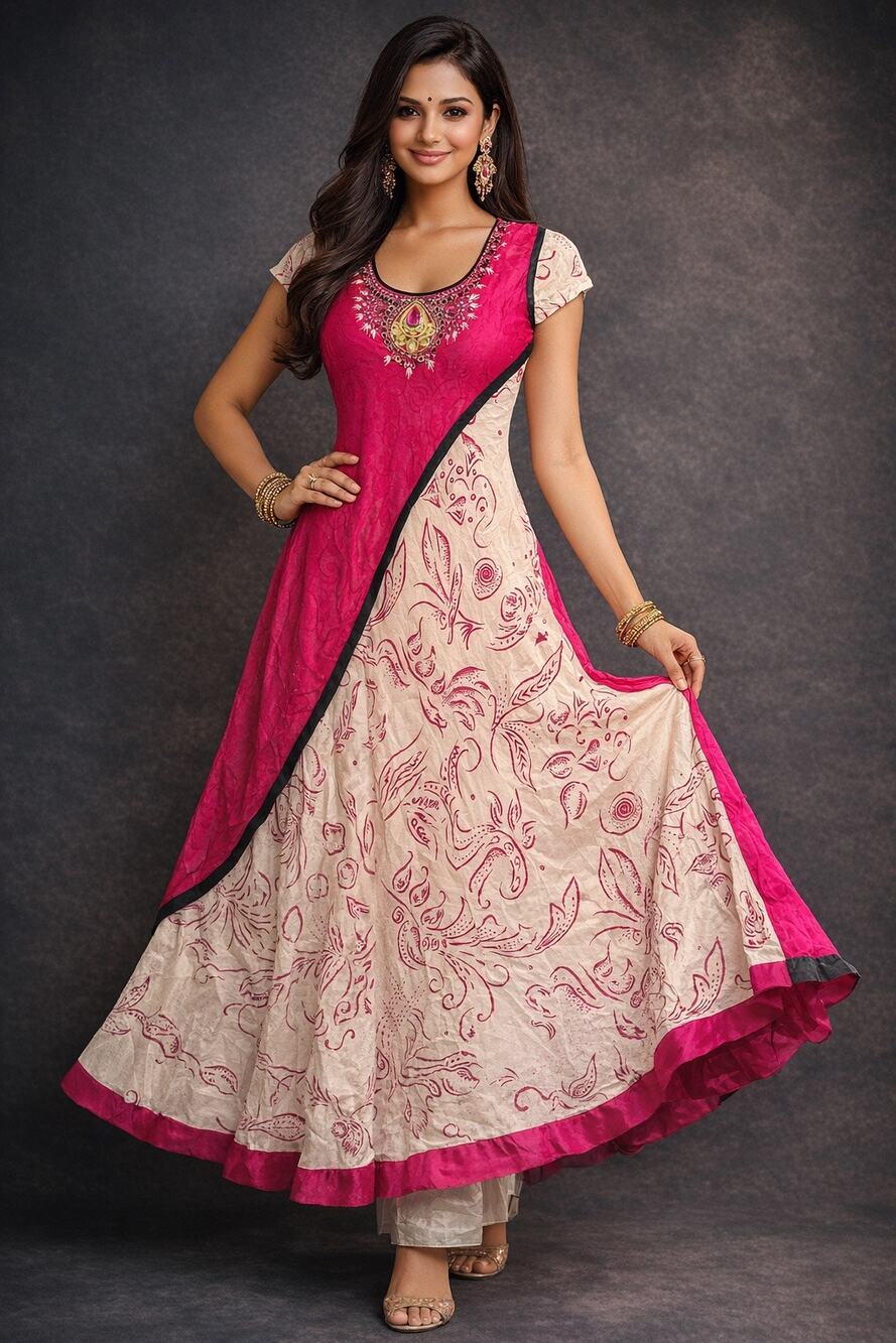TARUNI INDIAN ETHNIC WOMENS JEWELS PINK & WHITE  BLING FLOWING DRESS SZ L